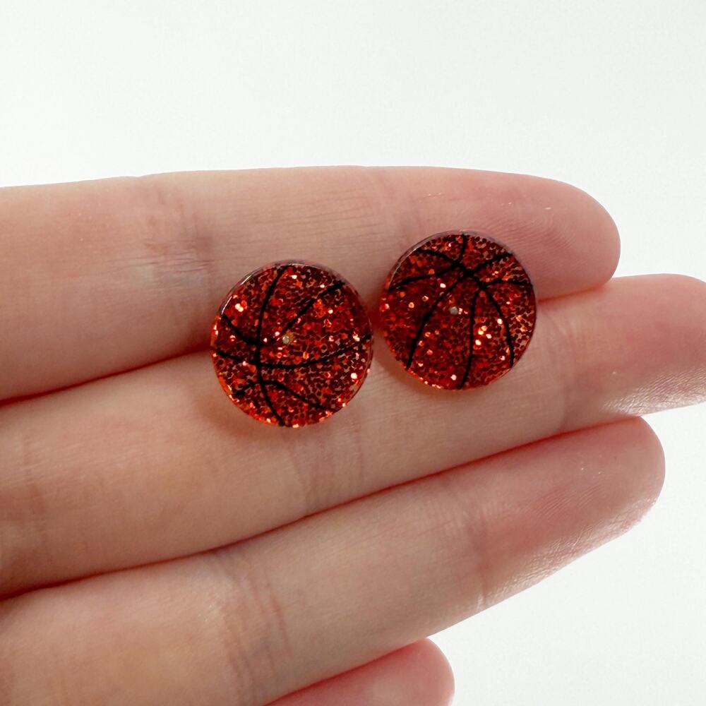 Glitter Basketball Earrings, Orange Basketball Studs, Basketball Jewelry, Sports
